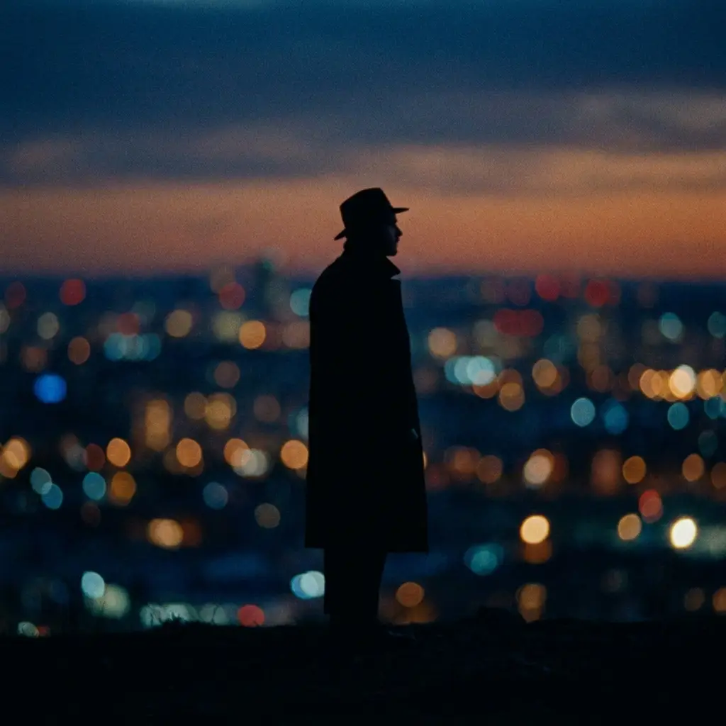 Fotograma cinematográfico de una silueta ante luces de ciudad, con carga emocional