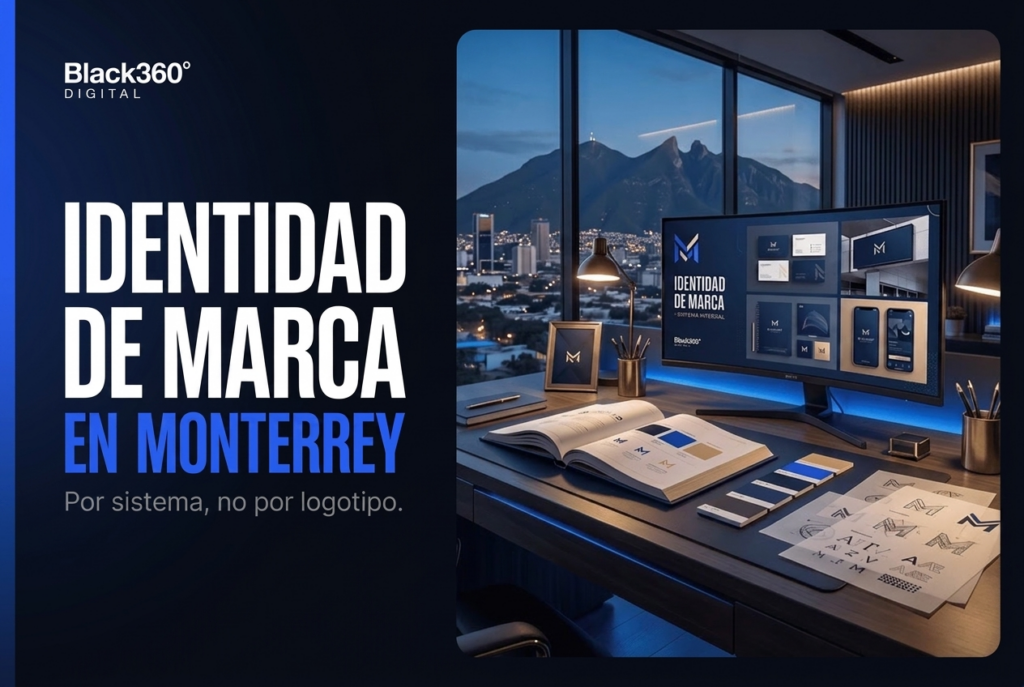 Identidad de marca en Monterrey: escritorio de estudio con el sistema de marca —brandbook, papelería y pantalla con el manual— y el Cerro de la Silla al fondo; por sistema, no por logotipo. Black360Digital