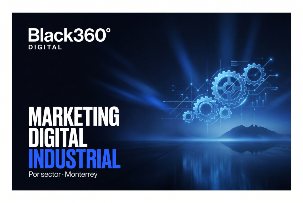 Portada de Black360Digital: engranes azules y líneas de datos sobre fondo oscuro con el Cerro de la Silla y el texto 'Marketing Digital Industrial, por sector, Monterrey'.