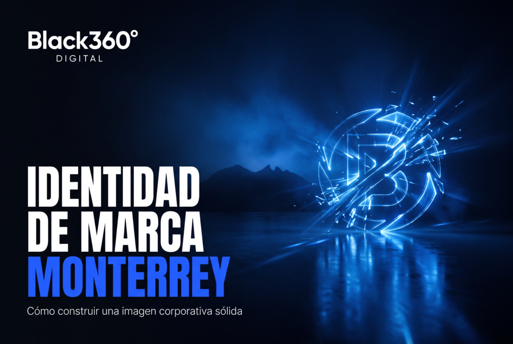 Portada de Black360Digital: monograma geométrico azul formándose con luz sobre fondo oscuro con el Cerro de la Silla y el texto 'Identidad de marca Monterrey'.