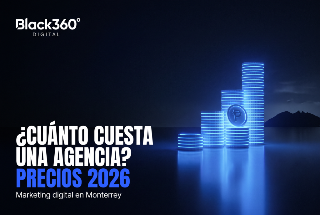 Portada de Black360Digital: monedas azules ascendentes sobre fondo oscuro con el Cerro de la Silla y el texto '¿Cuánto cuesta una agencia? Precios 2026', guía de precios de marketing digital en Monterrey.