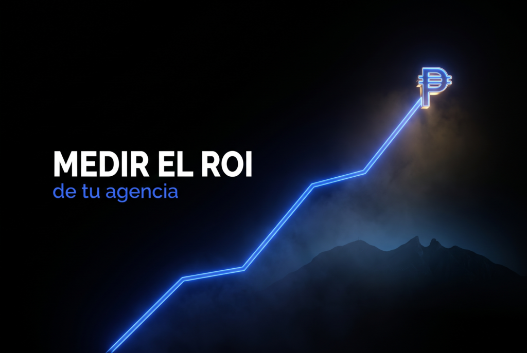 Gráfica de línea ascendente en azul que sube hacia un símbolo de peso sobre fondo negro, con la silueta del Cerro de la Silla de Monterrey; ilustra cómo medir el ROI de una agencia de marketing digital.