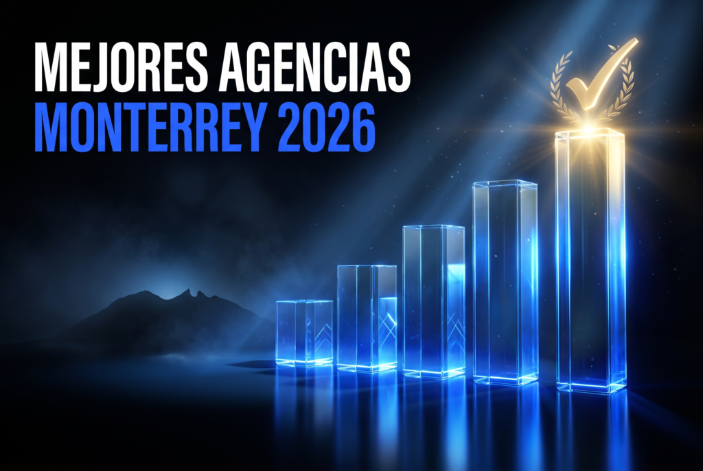 Podio de cinco barras de vidrio azul iluminadas, la más alta coronada con una palomita dorada, sobre fondo negro con la silueta del Cerro de la Silla; portada de la guía comparativa de mejores agencias de marketing digital en Monterrey 2026.