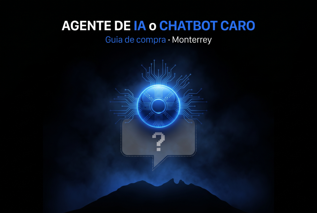 Agente de IA azul brillante frente a un chatbot apagado, con la silueta del Cerro de la Silla de Monterrey, ilustrando cómo elegir agencia de automatización e IA