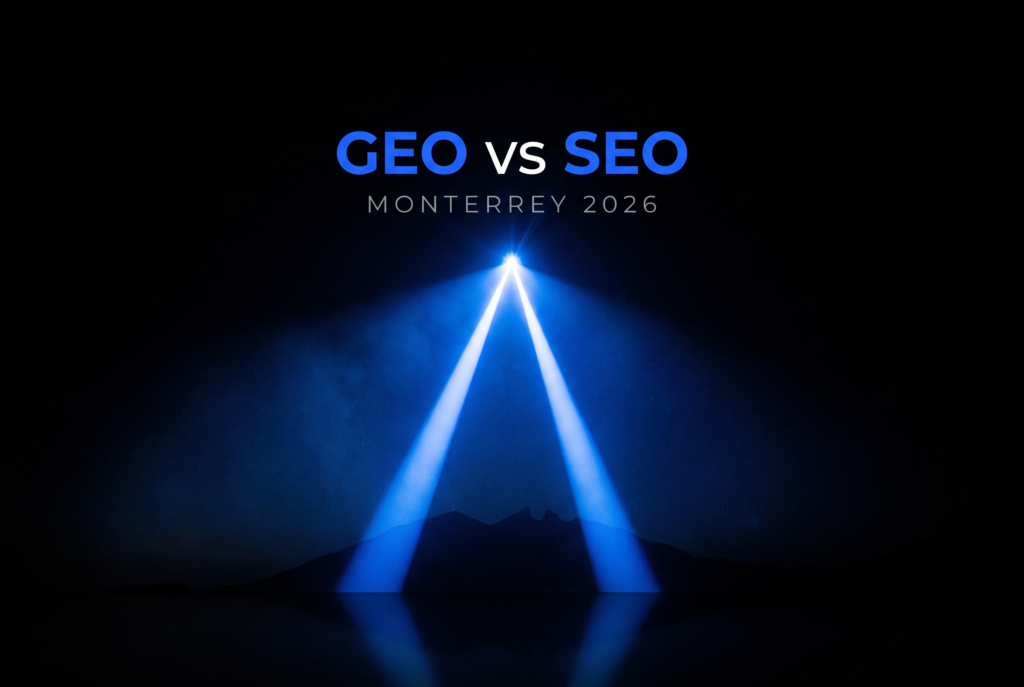 Concepto GEO vs SEO: dos haces de luz azul que convergen sobre la silueta del Cerro de la Silla en Monterrey