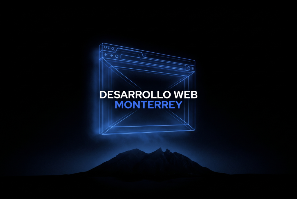 Ilustración noir de un sitio web luminoso en azul flotando sobre fondo negro con la silueta del Cerro de la Silla, que representa el desarrollo web profesional en Monterrey.