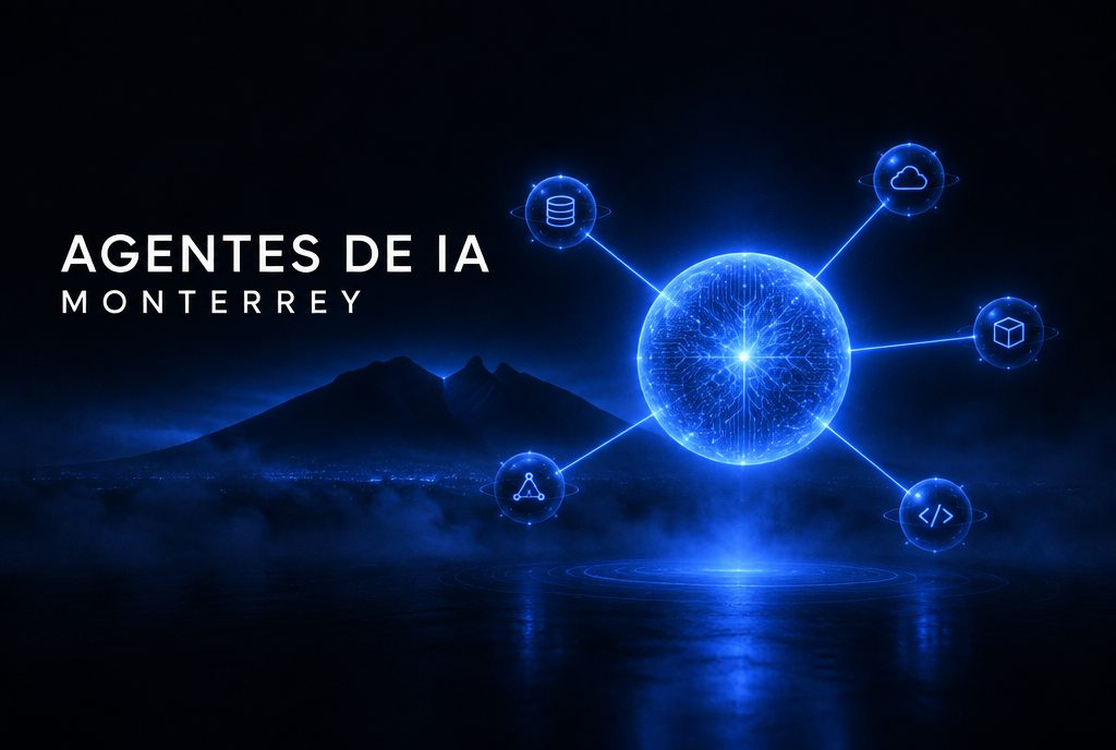 Orbe de agente de IA con haces de luz azul conectando nodos sobre fondo negro y la silueta del Cerro de la Silla de Monterrey — arquitectura de automatización y agentes de IA