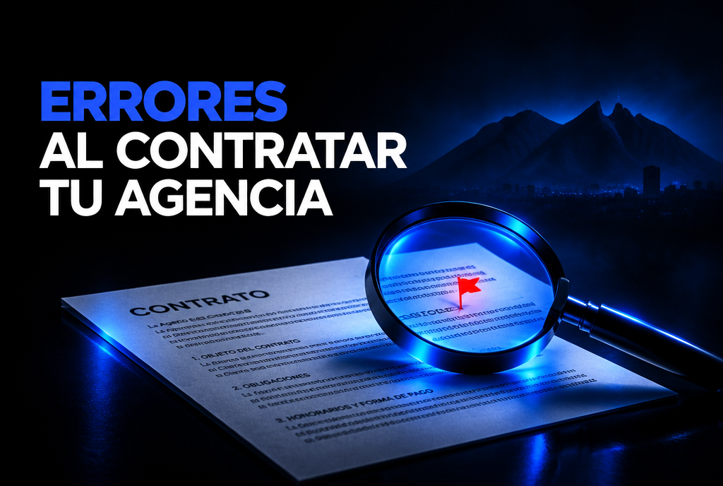 Lupa con lente azul revisando la letra pequeña de un contrato de agencia de marketing con una bandera roja de alerta, sobre fondo negro y silueta del Cerro de la Silla — errores al contratar una agencia en Monterrey