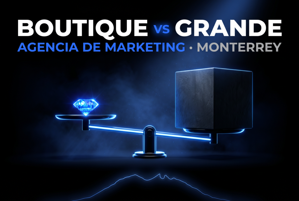 Portada de blog: balanza de precisión sobre fondo negro con un diamante azul (agencia boutique) frente a un cubo grande (agencia grande) y el Cerro de la Silla de Monterrey; título Boutique vs Grande.