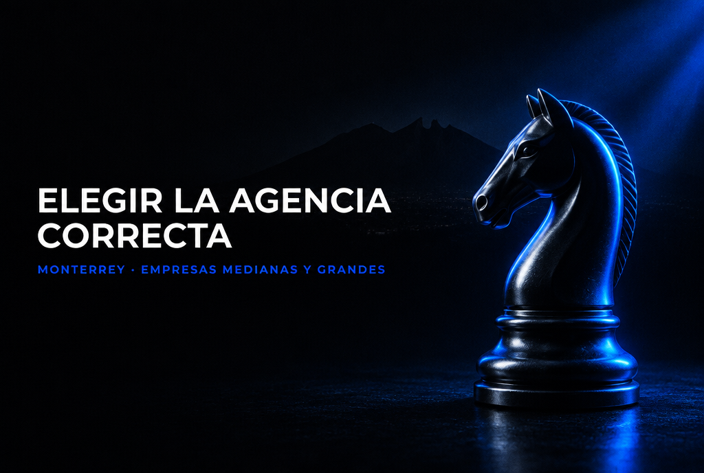 Ilustración noir de una pieza de ajedrez iluminada en azul cobalto sobre fondo negro con la silueta del Cerro de la Silla; título 'Elegir la agencia correcta' para el artículo sobre elegir agencia de marketing para empresas medianas y grandes en Monterrey.