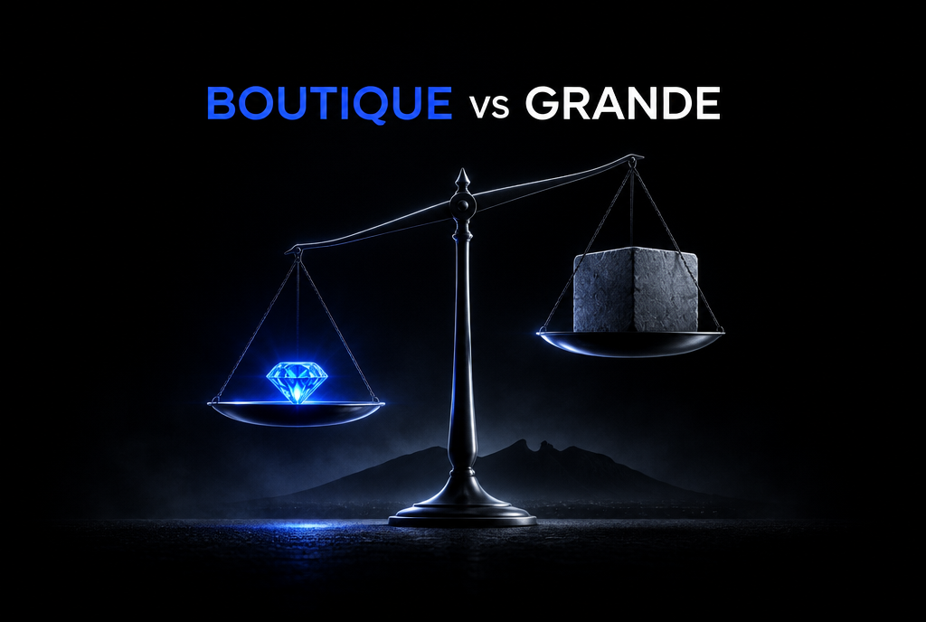 Balanza noir donde un diamante azul (agencia boutique) supera a un bloque gris pesado (agencia grande), con el Cerro de la Silla de Monterrey al fondo.