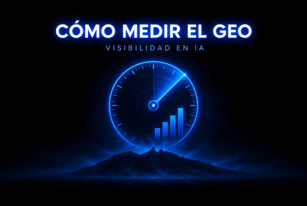 Ilustración noir de un medidor de luz azul que representa cómo medir el GEO y la visibilidad de una marca en motores de IA, con el Cerro de la Silla de Monterrey al fondo.