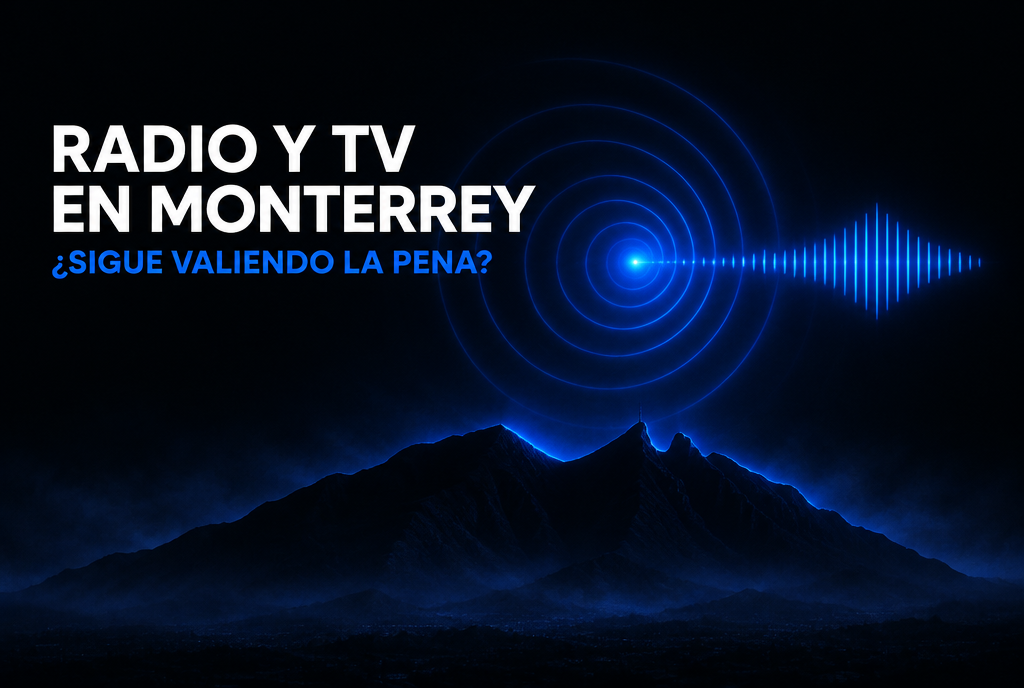 Publicidad en radio y TV en Monterrey: ondas de radio azules y silueta del Cerro de la Silla sobre fondo negro
