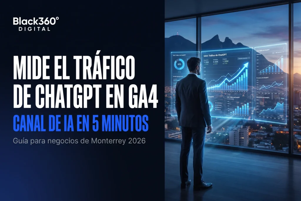 Empresario frente a tableros de analítica con tráfico de IA en GA4 y el skyline de Monterrey